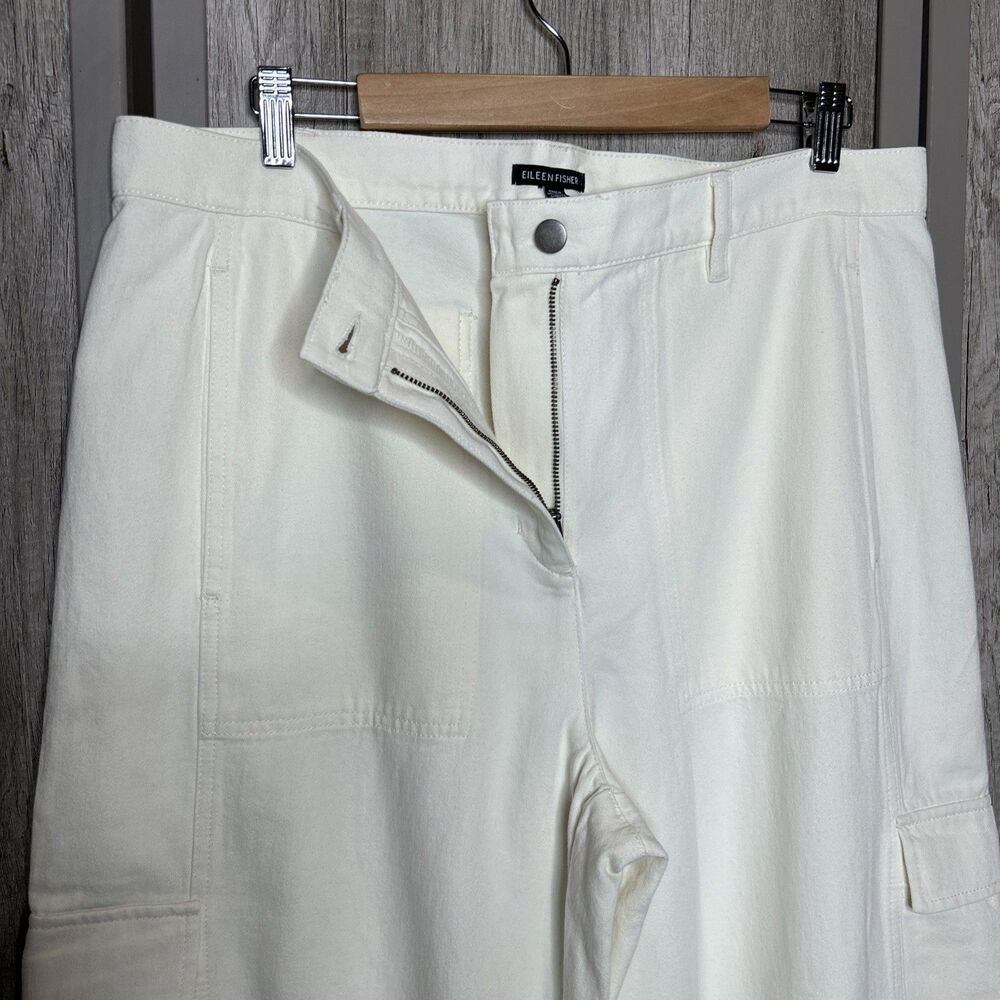 Eileen Fisher Cargo Pants Size L Organic Cotton Crepe Wide Leg Ivory Cream - Picture 4 of 7